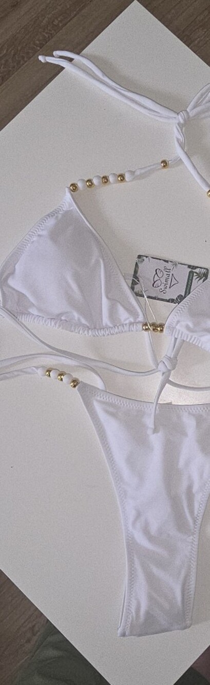 White Triangle String Bikini Set with Gold Bead Accents